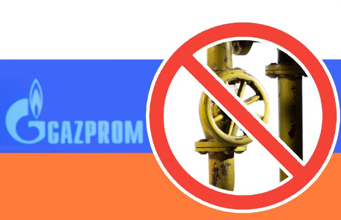 Illustration shows Gazprom logo and Russian flag