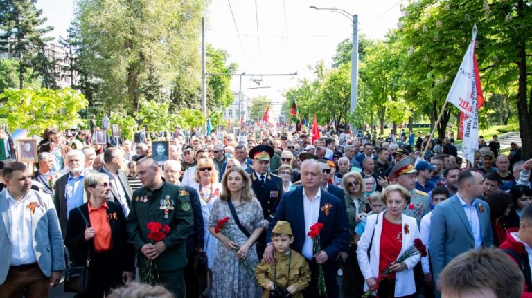 Members of the socialist party break the law that forbids the public display of specific “Victory Day” symbols