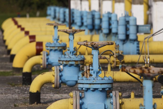 Gas pipes are pictured at Oparivske gas underground storage in Lviv region