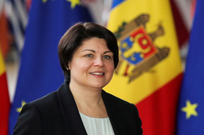 FILE PHOTO: Moldovan PM Natalia Gavrilita is welcomed at the EU Council headquarters in Brussels