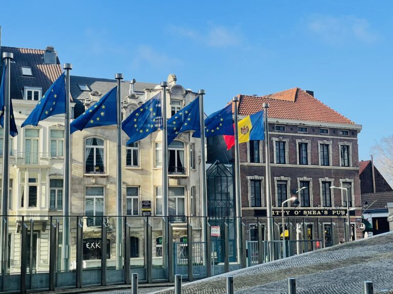 The Moldovan flag, raised in Brussels, next to that of the EU