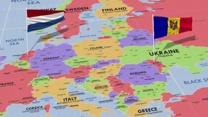 netherlands-and-moldova-flag-waving-with-the-world-map-seamless-loop-in-wind-3d-rendering-free-video